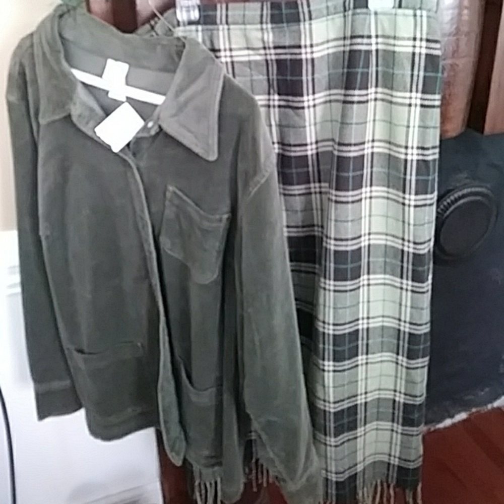 Corduroy stretch jacket and skirt combo.